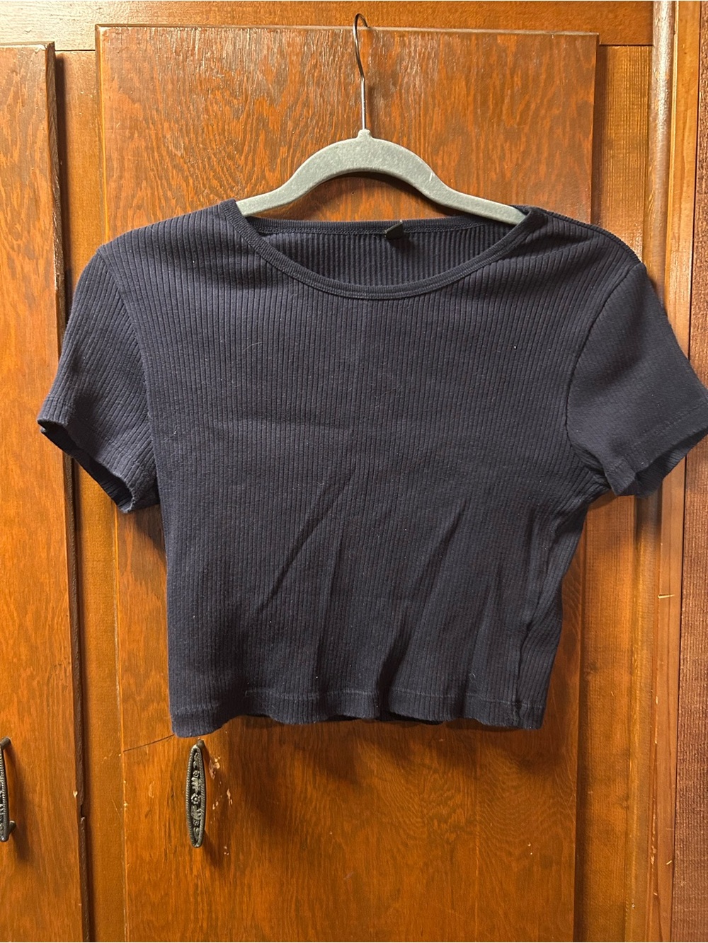 Uniqlo Navy Ribbed Short Sleeve Crop Top